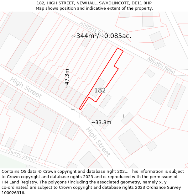 182, HIGH STREET, NEWHALL, SWADLINCOTE, DE11 0HP: Plot and title map