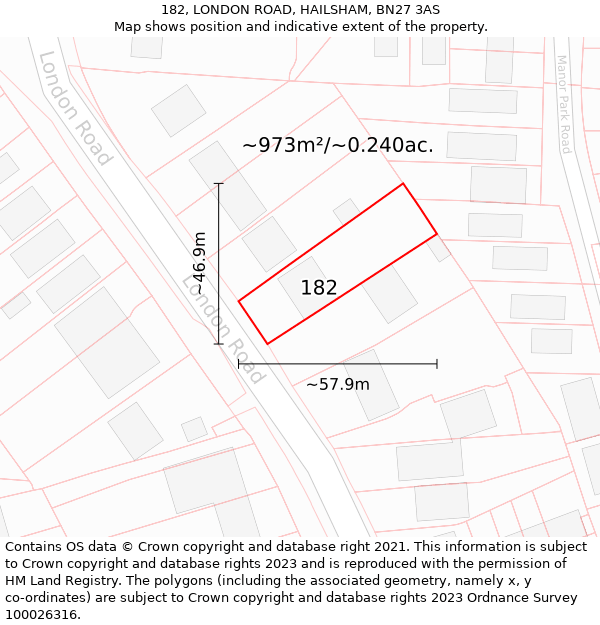 182, LONDON ROAD, HAILSHAM, BN27 3AS: Plot and title map