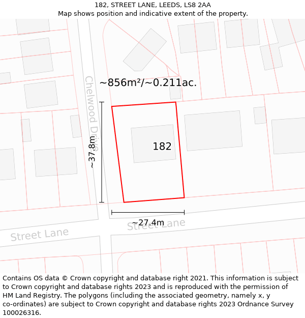 182, STREET LANE, LEEDS, LS8 2AA: Plot and title map