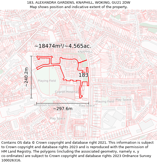 183, ALEXANDRA GARDENS, KNAPHILL, WOKING, GU21 2DW: Plot and title map