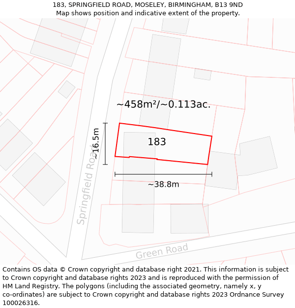 183, SPRINGFIELD ROAD, MOSELEY, BIRMINGHAM, B13 9ND: Plot and title map