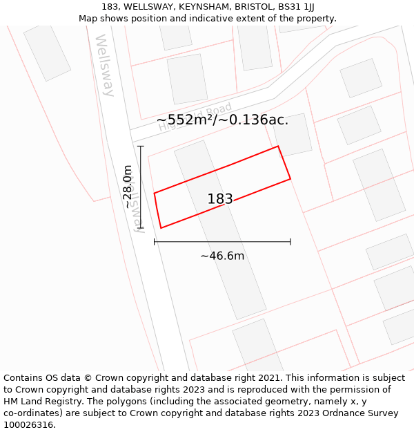 183, WELLSWAY, KEYNSHAM, BRISTOL, BS31 1JJ: Plot and title map