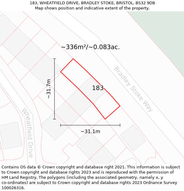 183, WHEATFIELD DRIVE, BRADLEY STOKE, BRISTOL, BS32 9DB: Plot and title map