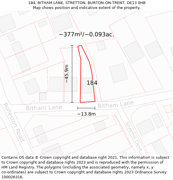 184, BITHAM LANE, STRETTON, BURTON-ON-TRENT, DE13 0HB: Plot and title map