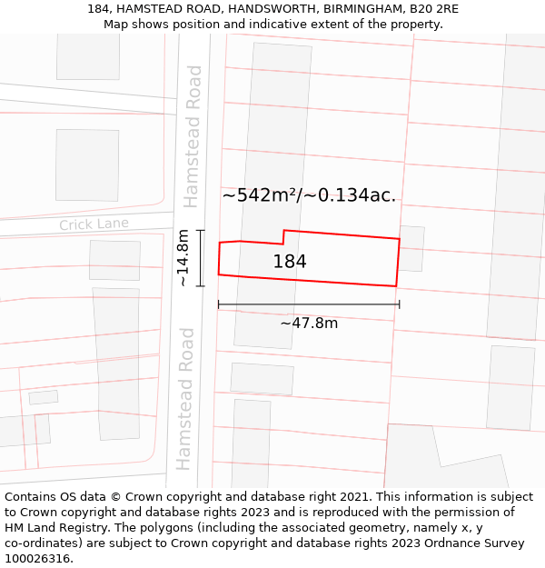 184, HAMSTEAD ROAD, HANDSWORTH, BIRMINGHAM, B20 2RE: Plot and title map