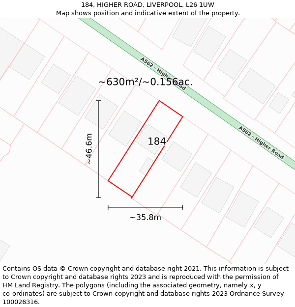 184, HIGHER ROAD, LIVERPOOL, L26 1UW: Plot and title map
