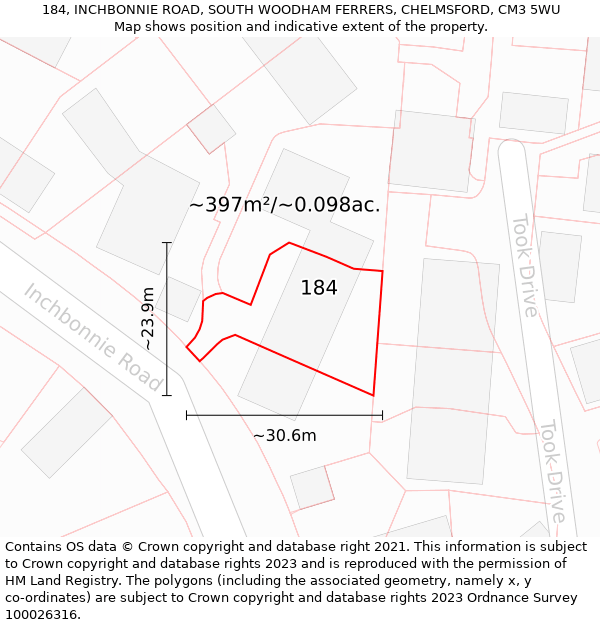 184, INCHBONNIE ROAD, SOUTH WOODHAM FERRERS, CHELMSFORD, CM3 5WU: Plot and title map