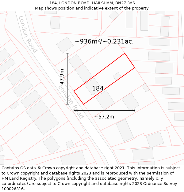 184, LONDON ROAD, HAILSHAM, BN27 3AS: Plot and title map