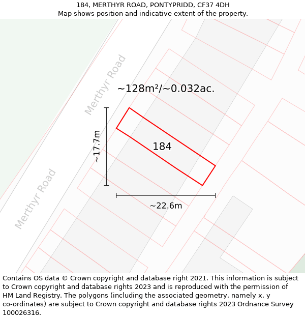 184, MERTHYR ROAD, PONTYPRIDD, CF37 4DH: Plot and title map