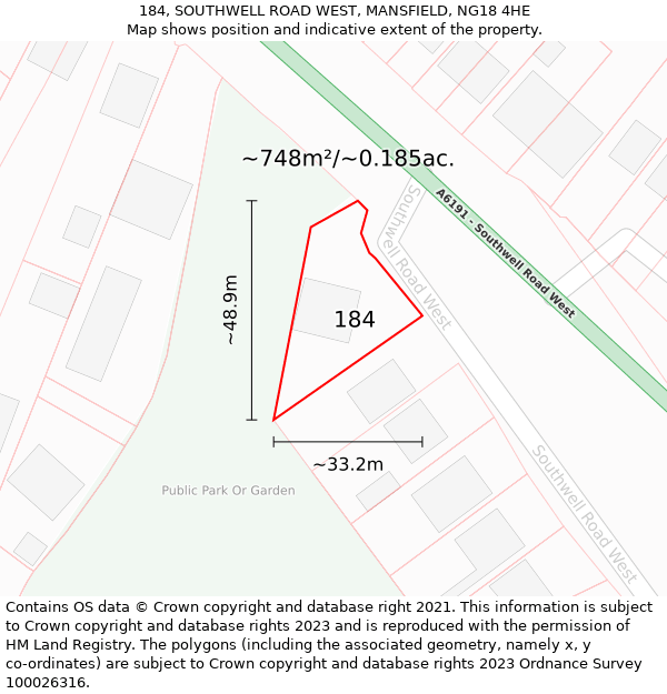 184, SOUTHWELL ROAD WEST, MANSFIELD, NG18 4HE: Plot and title map