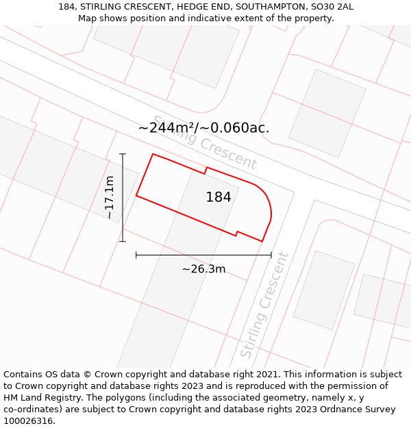 184, STIRLING CRESCENT, HEDGE END, SOUTHAMPTON, SO30 2AL: Plot and title map