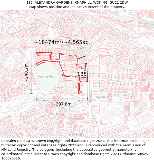 185, ALEXANDRA GARDENS, KNAPHILL, WOKING, GU21 2DW: Plot and title map