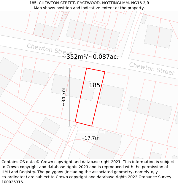 185, CHEWTON STREET, EASTWOOD, NOTTINGHAM, NG16 3JR: Plot and title map
