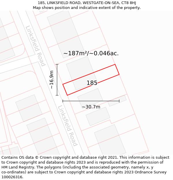 185, LINKSFIELD ROAD, WESTGATE-ON-SEA, CT8 8HJ: Plot and title map