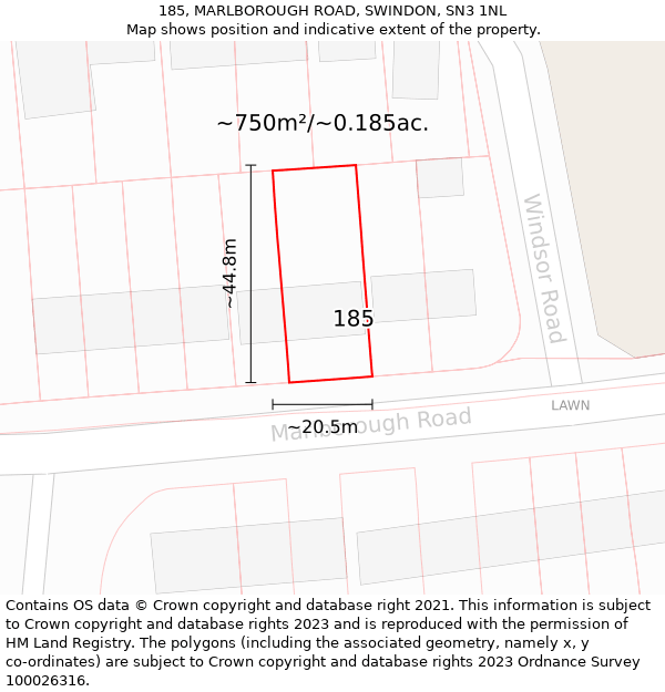 185, MARLBOROUGH ROAD, SWINDON, SN3 1NL: Plot and title map