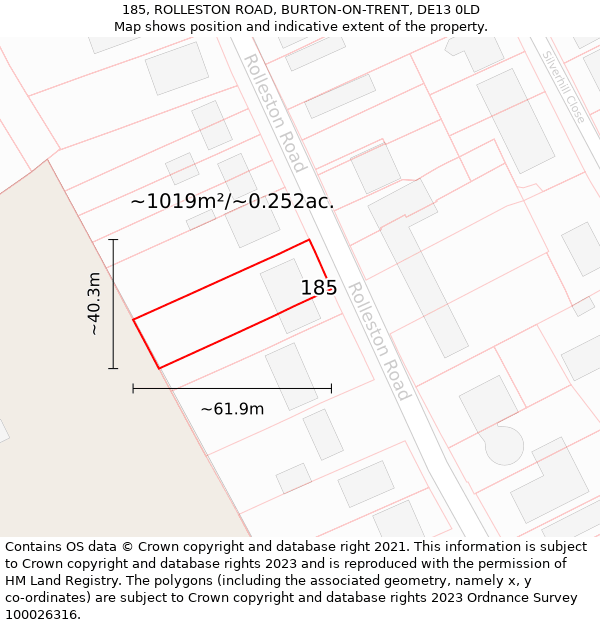 185, ROLLESTON ROAD, BURTON-ON-TRENT, DE13 0LD: Plot and title map