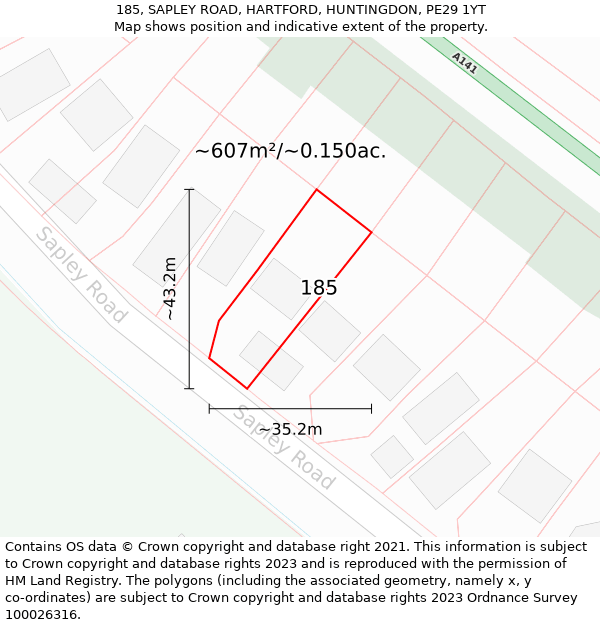 185, SAPLEY ROAD, HARTFORD, HUNTINGDON, PE29 1YT: Plot and title map