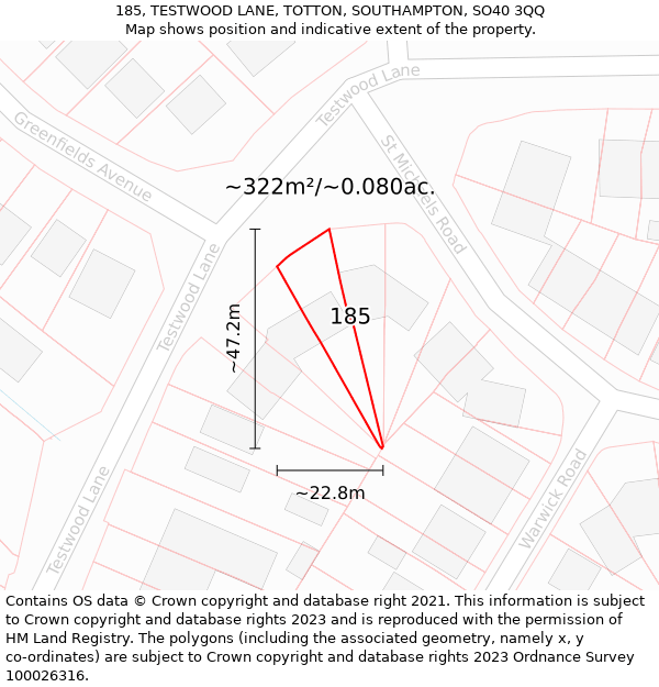 185, TESTWOOD LANE, TOTTON, SOUTHAMPTON, SO40 3QQ: Plot and title map