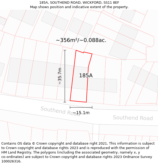 185A, SOUTHEND ROAD, WICKFORD, SS11 8EF: Plot and title map