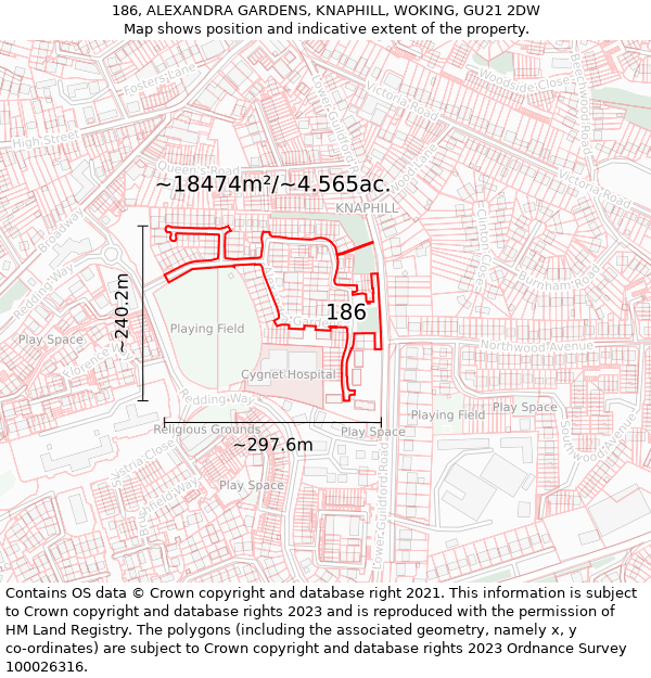 186, ALEXANDRA GARDENS, KNAPHILL, WOKING, GU21 2DW: Plot and title map