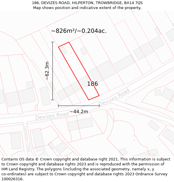 186, DEVIZES ROAD, HILPERTON, TROWBRIDGE, BA14 7QS: Plot and title map