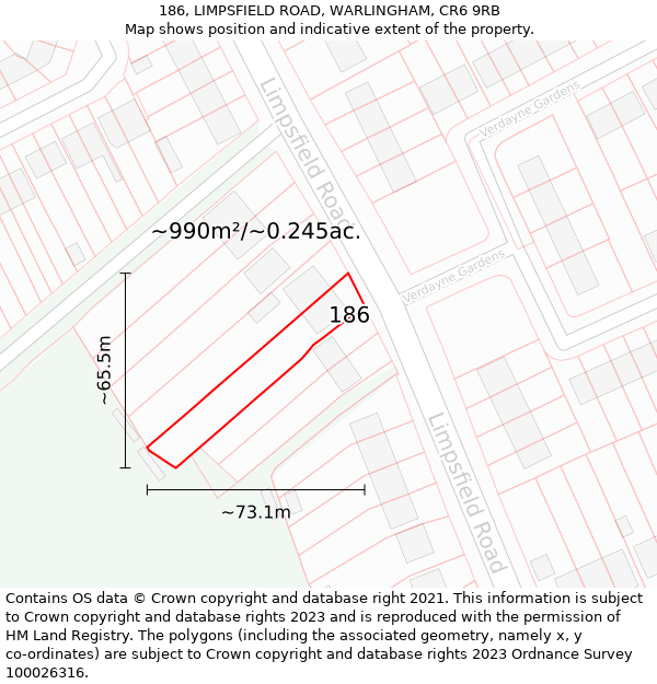 186, LIMPSFIELD ROAD, WARLINGHAM, CR6 9RB: Plot and title map