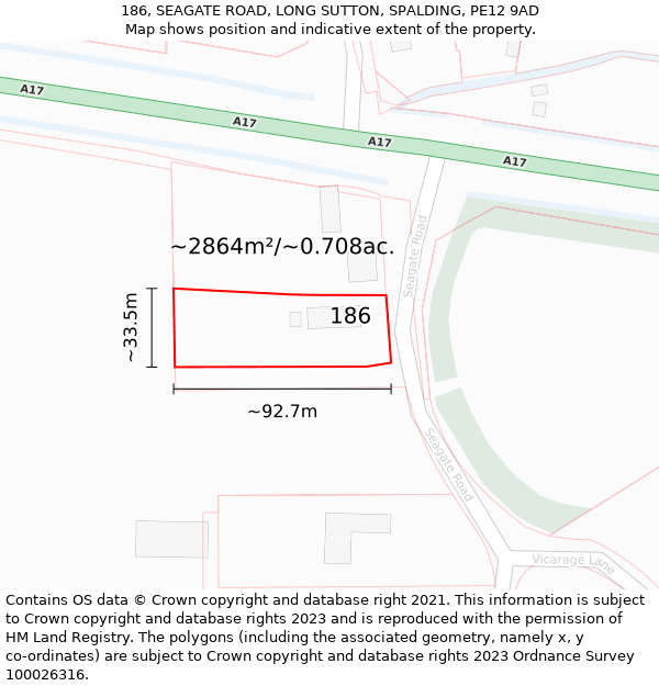 186, SEAGATE ROAD, LONG SUTTON, SPALDING, PE12 9AD: Plot and title map