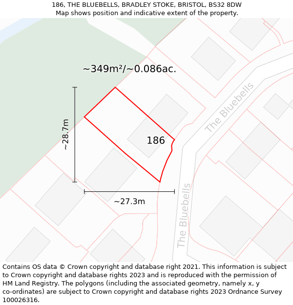 186, THE BLUEBELLS, BRADLEY STOKE, BRISTOL, BS32 8DW: Plot and title map