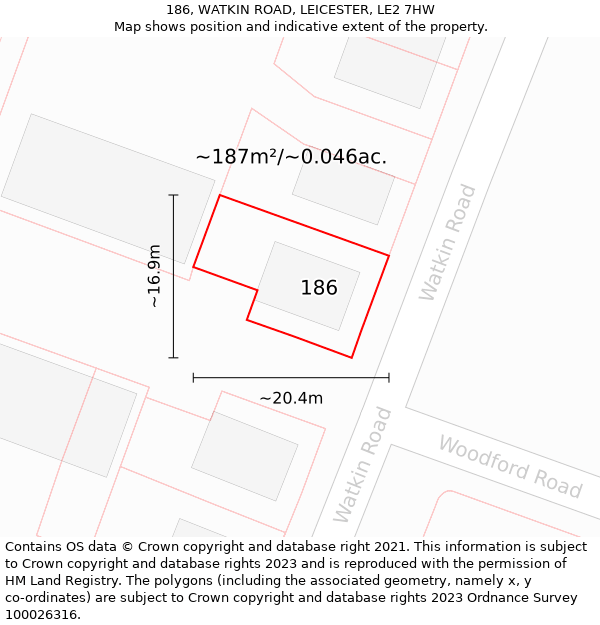 186, WATKIN ROAD, LEICESTER, LE2 7HW: Plot and title map