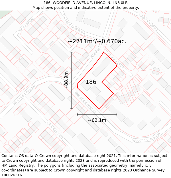 186, WOODFIELD AVENUE, LINCOLN, LN6 0LR: Plot and title map