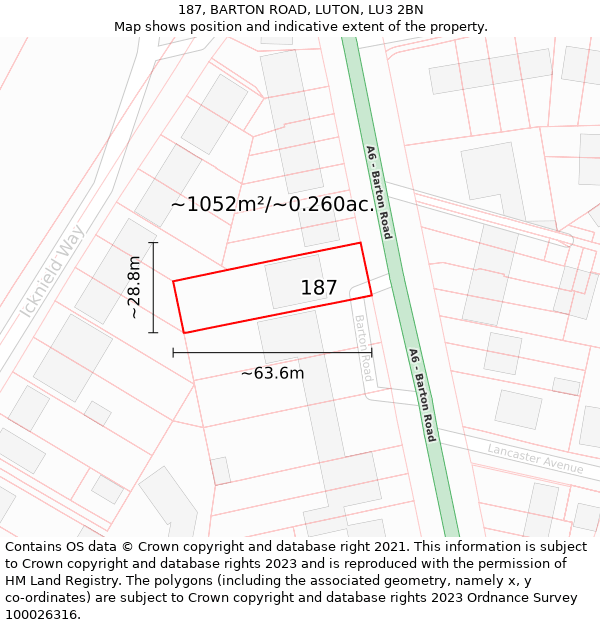 187, BARTON ROAD, LUTON, LU3 2BN: Plot and title map