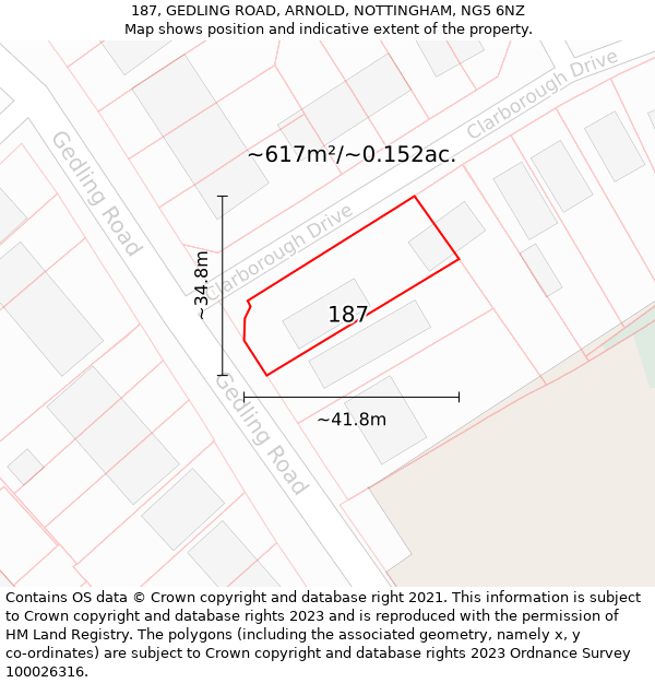 187, GEDLING ROAD, ARNOLD, NOTTINGHAM, NG5 6NZ: Plot and title map