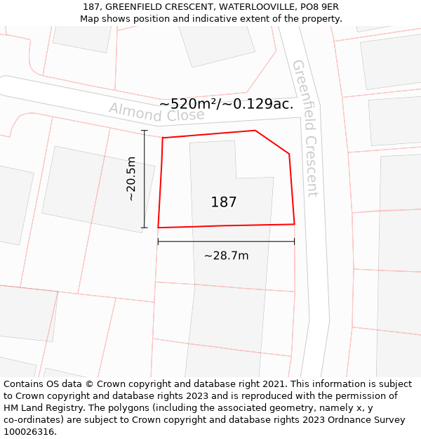 187, GREENFIELD CRESCENT, WATERLOOVILLE, PO8 9ER: Plot and title map