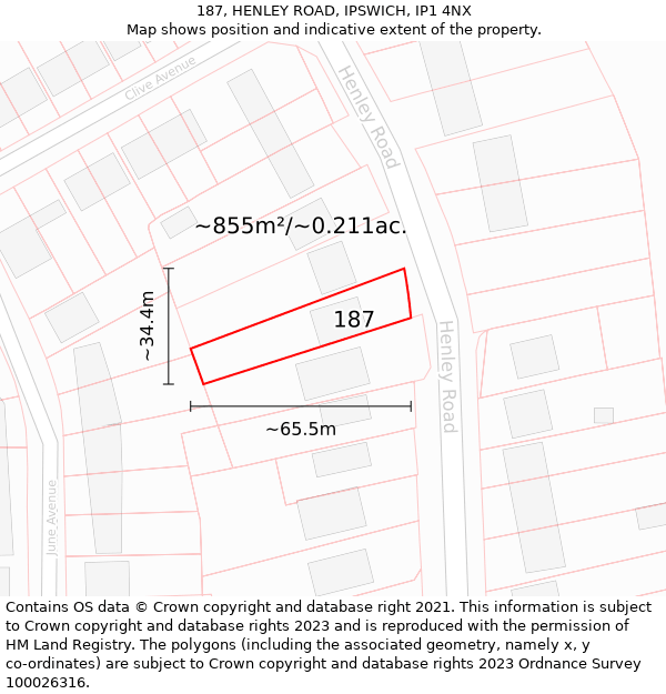 187, HENLEY ROAD, IPSWICH, IP1 4NX: Plot and title map