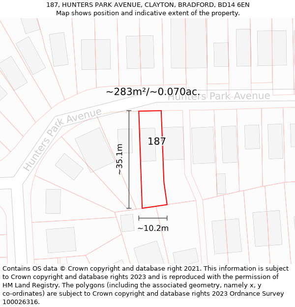 187, HUNTERS PARK AVENUE, CLAYTON, BRADFORD, BD14 6EN: Plot and title map