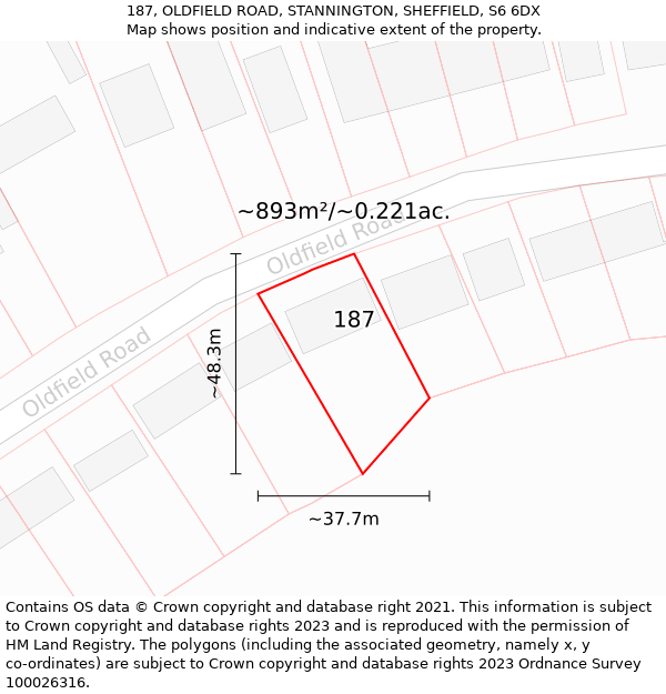 187, OLDFIELD ROAD, STANNINGTON, SHEFFIELD, S6 6DX: Plot and title map