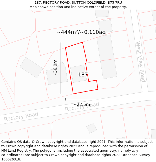 187, RECTORY ROAD, SUTTON COLDFIELD, B75 7RU: Plot and title map