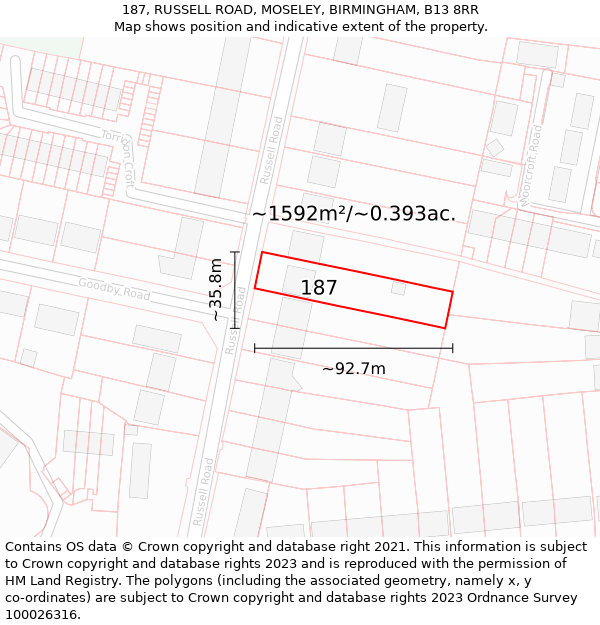 187, RUSSELL ROAD, MOSELEY, BIRMINGHAM, B13 8RR: Plot and title map