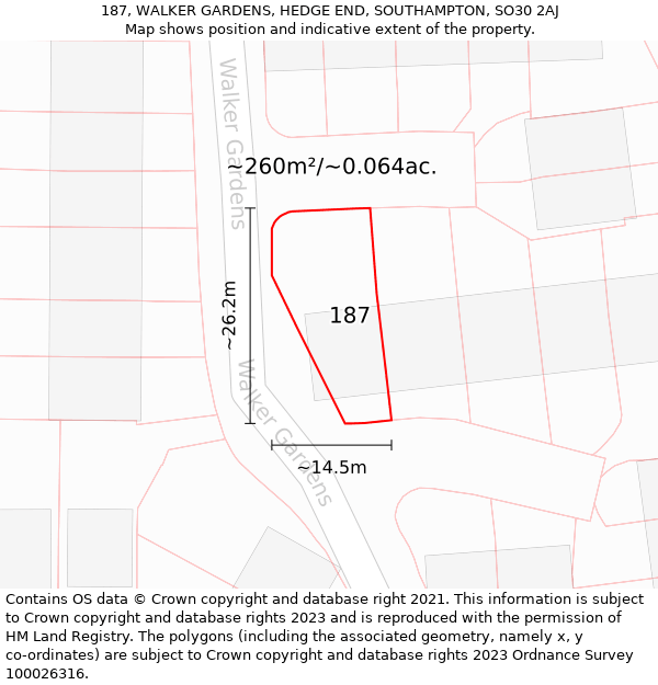 187, WALKER GARDENS, HEDGE END, SOUTHAMPTON, SO30 2AJ: Plot and title map