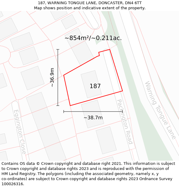 187, WARNING TONGUE LANE, DONCASTER, DN4 6TT: Plot and title map