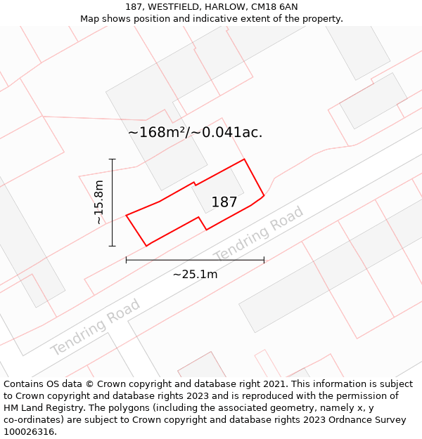 187, WESTFIELD, HARLOW, CM18 6AN: Plot and title map