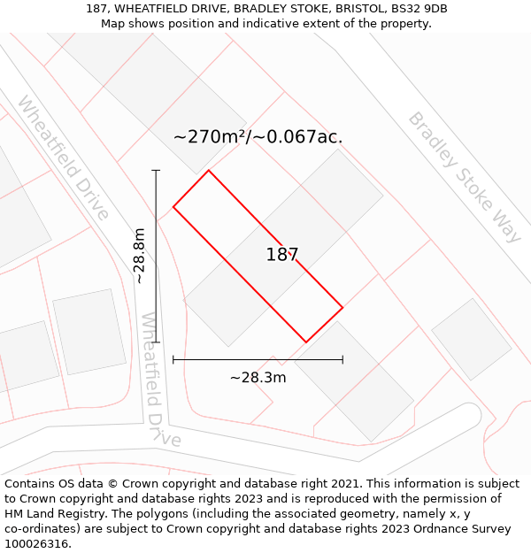 187, WHEATFIELD DRIVE, BRADLEY STOKE, BRISTOL, BS32 9DB: Plot and title map