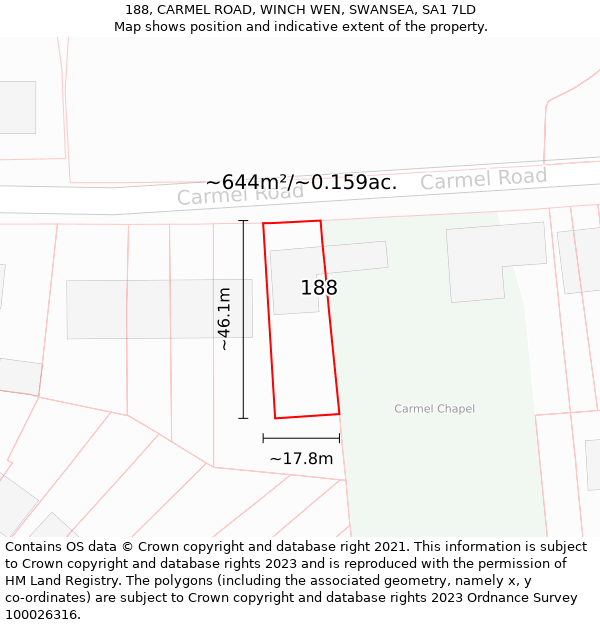 188, CARMEL ROAD, WINCH WEN, SWANSEA, SA1 7LD: Plot and title map