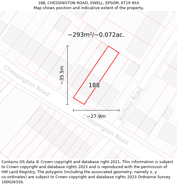 188, CHESSINGTON ROAD, EWELL, EPSOM, KT19 9XA: Plot and title map