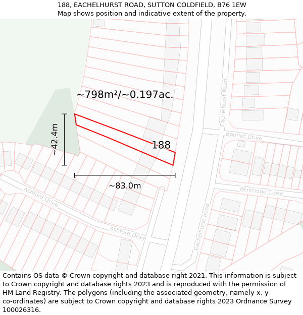 188, EACHELHURST ROAD, SUTTON COLDFIELD, B76 1EW: Plot and title map