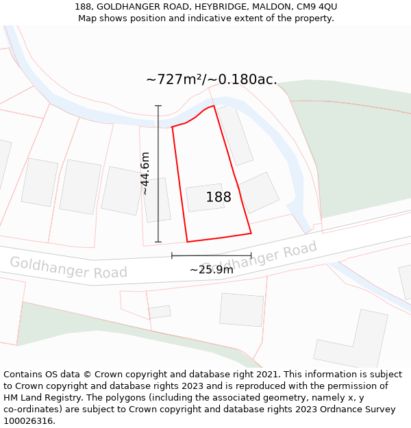 188, GOLDHANGER ROAD, HEYBRIDGE, MALDON, CM9 4QU: Plot and title map