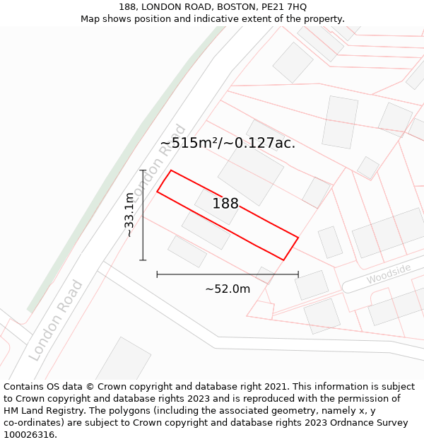 188, LONDON ROAD, BOSTON, PE21 7HQ: Plot and title map