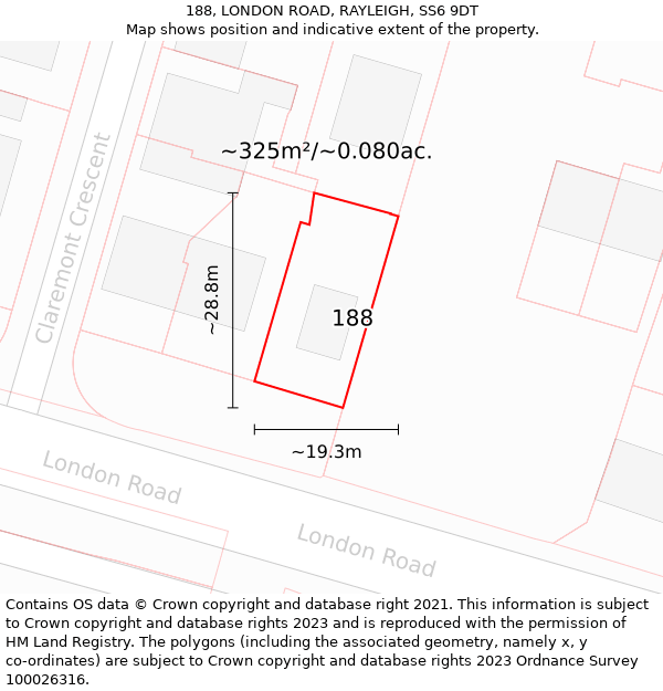 188, LONDON ROAD, RAYLEIGH, SS6 9DT: Plot and title map