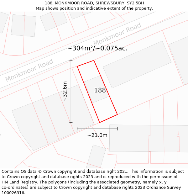 188, MONKMOOR ROAD, SHREWSBURY, SY2 5BH: Plot and title map