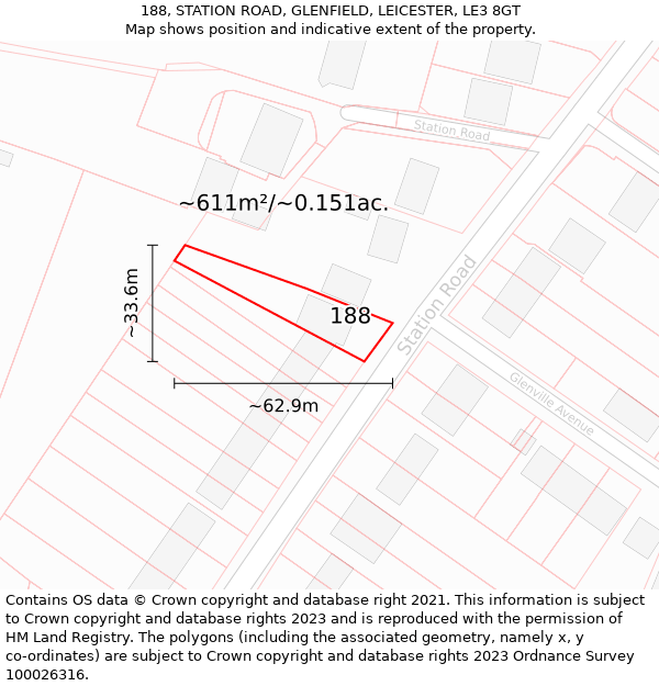 188, STATION ROAD, GLENFIELD, LEICESTER, LE3 8GT: Plot and title map